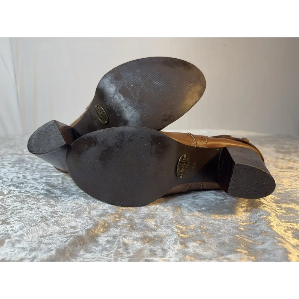 Fossil Brown Leather Studded Heeled Ankle Boots Women's 9.5‎ Boho Moto